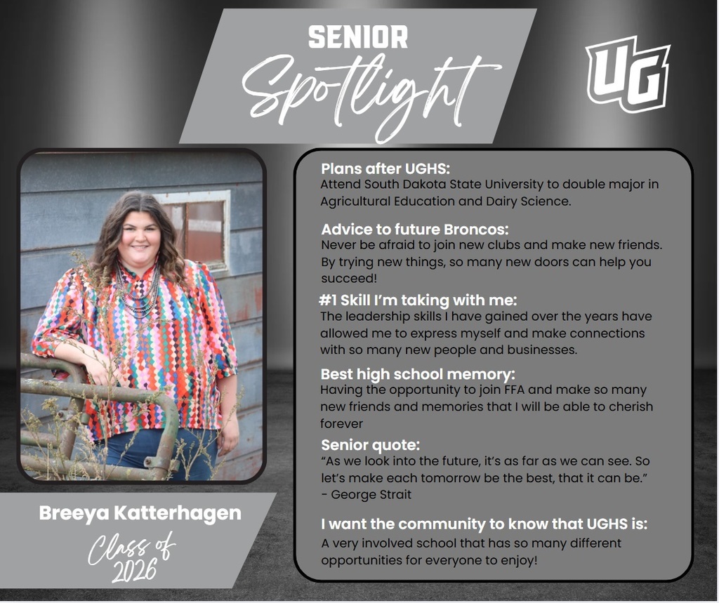 A spotlight feature on Breeya Katterhagen from the class of 2020, showing her with a quote and her plans to double major.