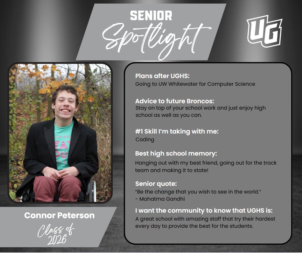 Person in a wheelchair, wearing a black coat and red pants, smiling. Text reads: "Connor Peterson, Class of 2020." Background of trees.