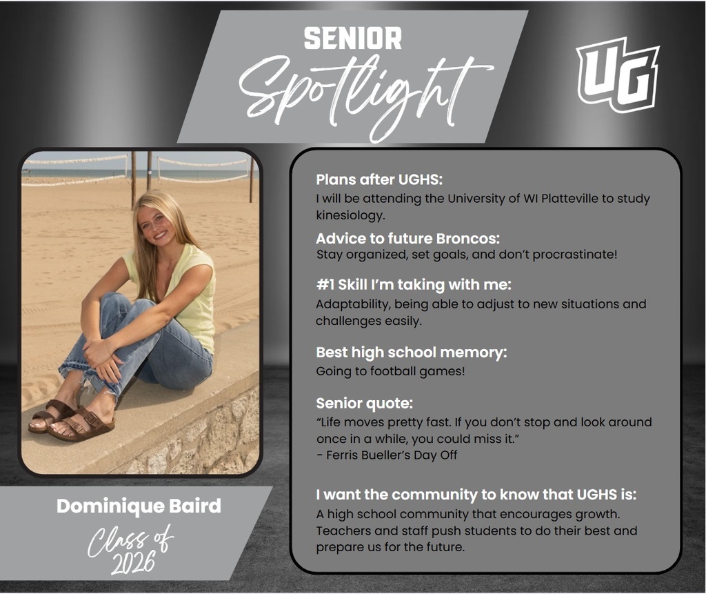 A page with a photo of a woman sitting on a beach, with text including her quote and name, "Dominique Baird, Class of 2020."