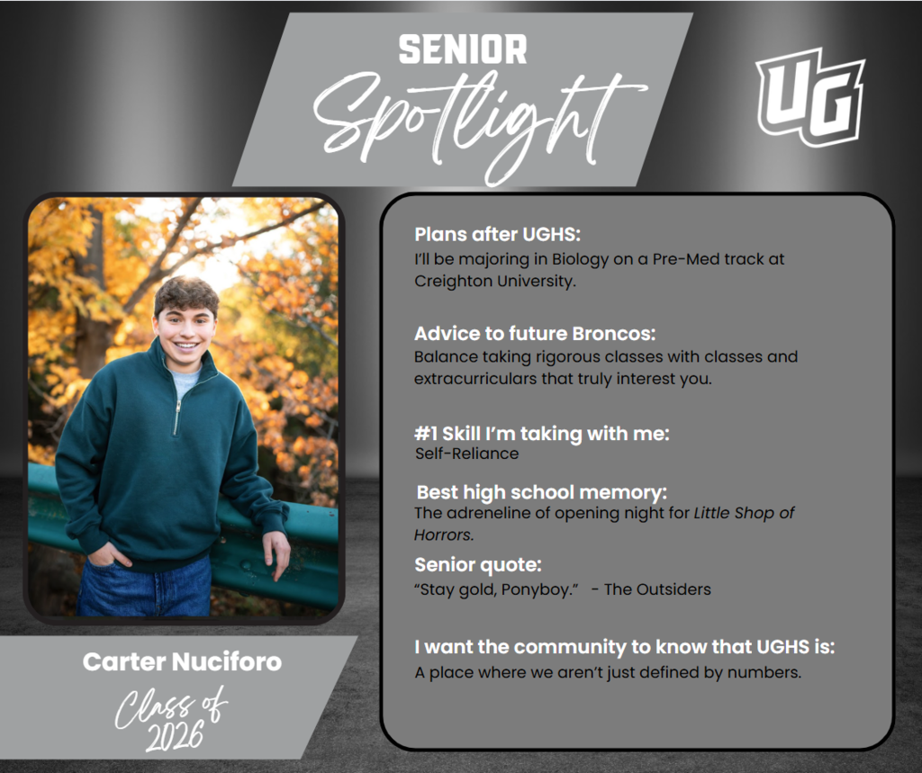 A student's profile features a photo of him smiling, along with text about his college plans, advice, and favorite memory.