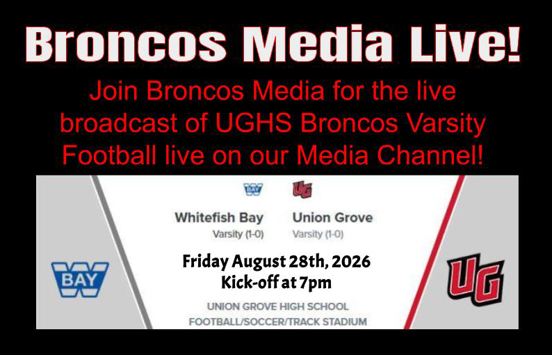 A poster invites viewers to join Broncos Media for the live broadcast of a high school football game.