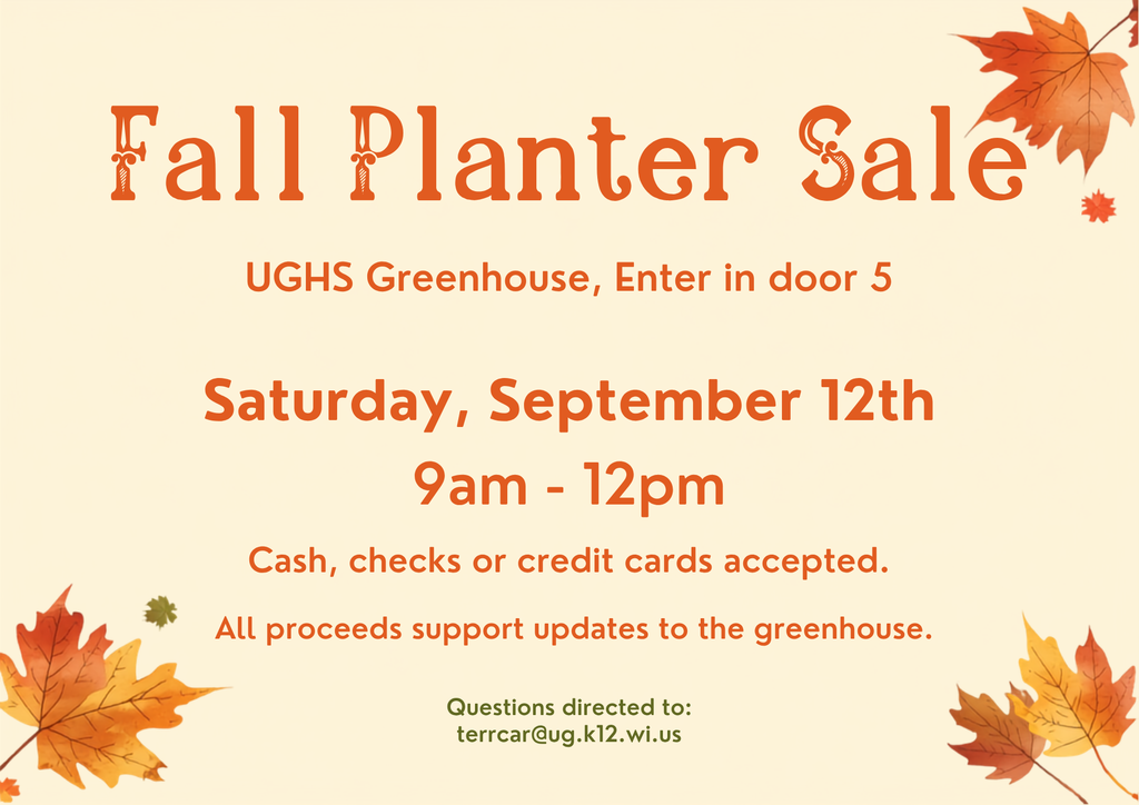A flyer promotes a Fall Planter Sale. It lists the event date, time, and location. Payment methods are listed.
