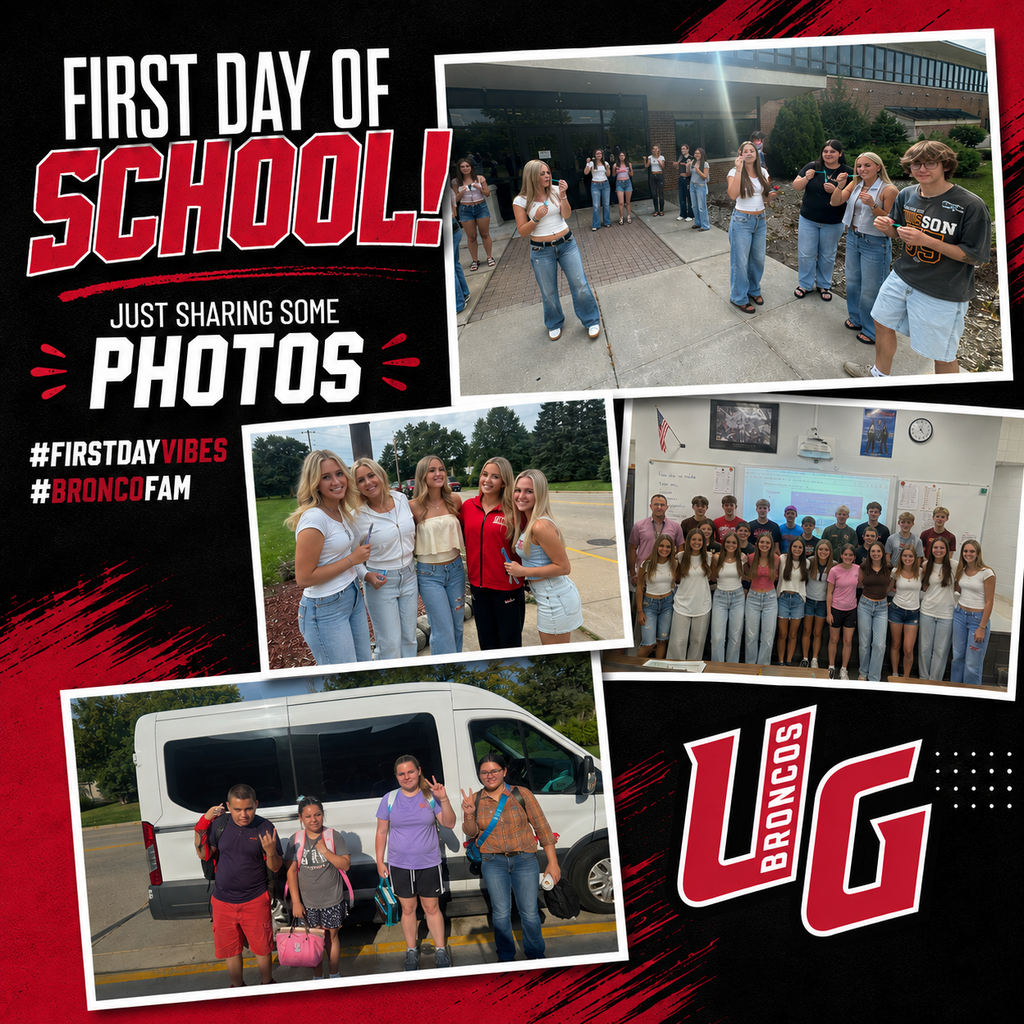 Collage of photos with students, one standing near a bus, another group lined up, and a picture of a building.