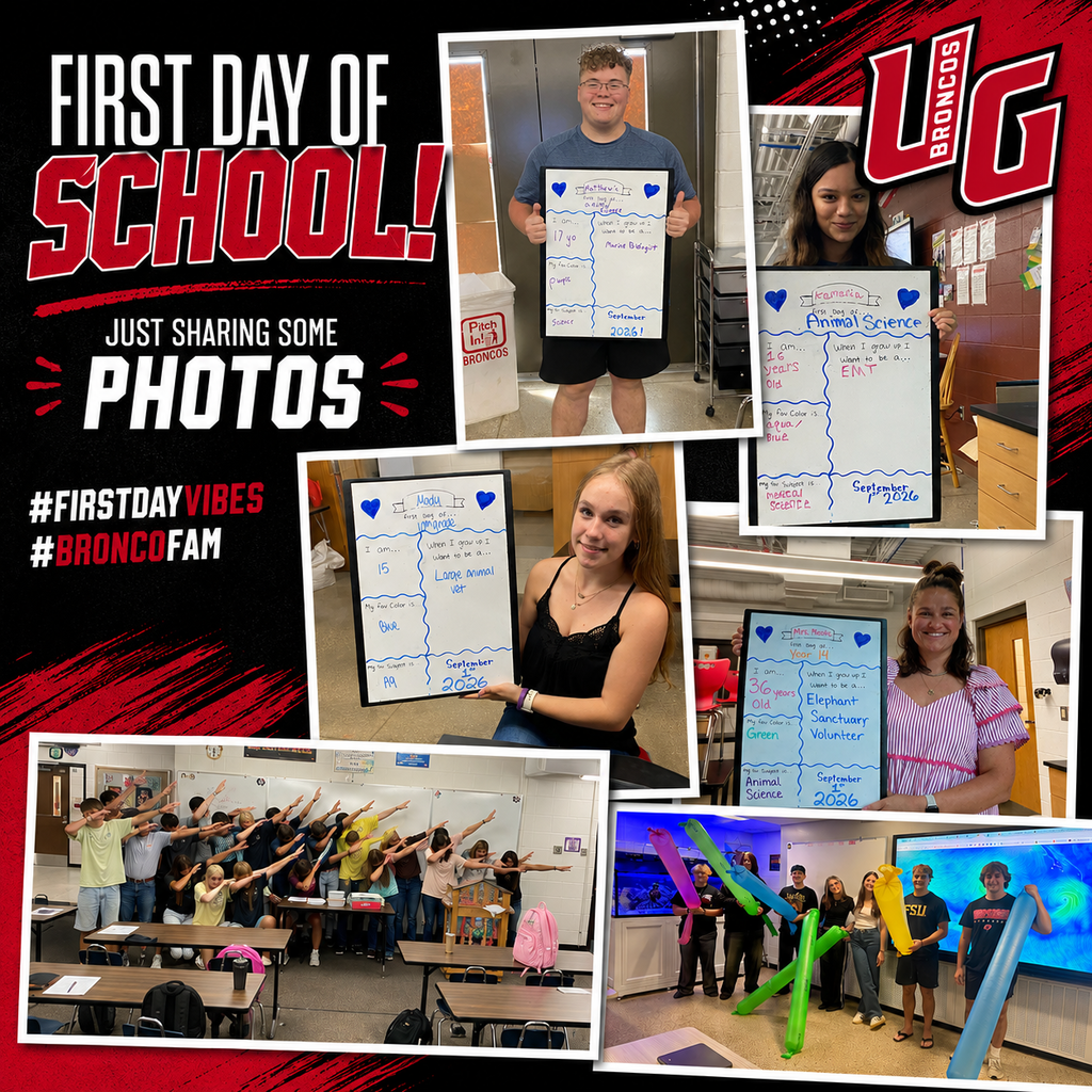Collage of photos from the first day of school with students in classrooms and hallways holding signs.