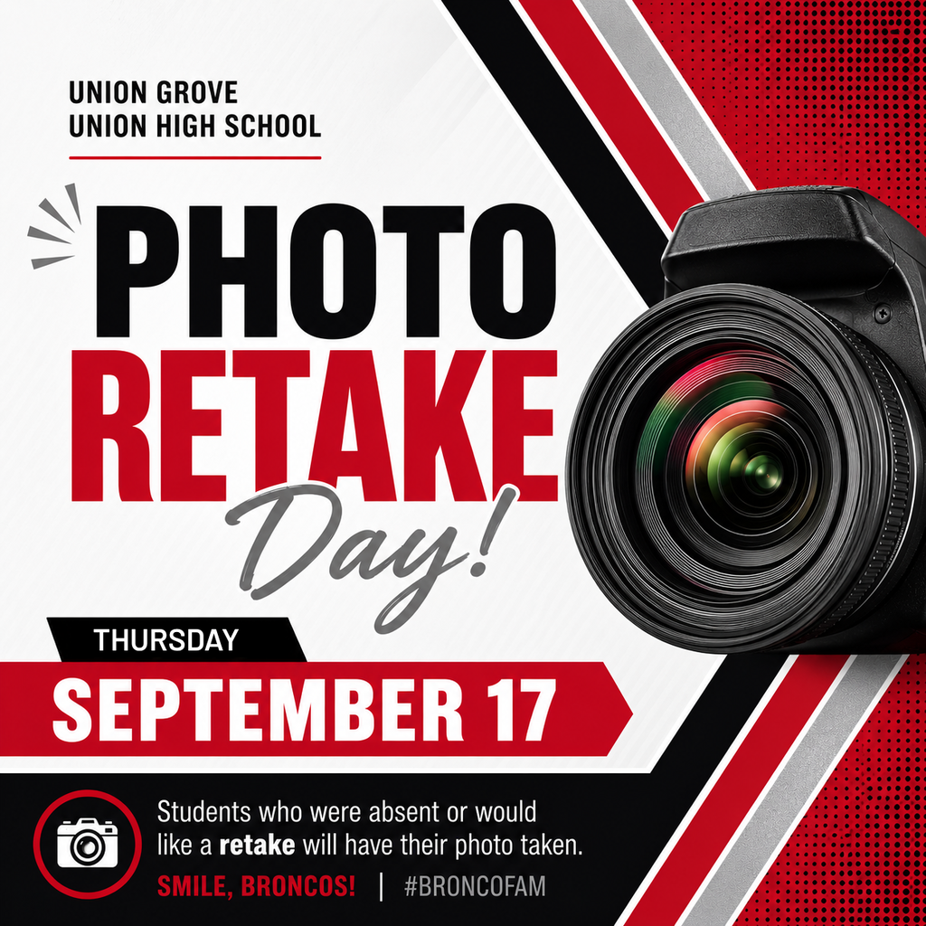 A red and white flyer for Union Grove High School Photo Retake Day on September 17. It features a camera lens and a photo icon.