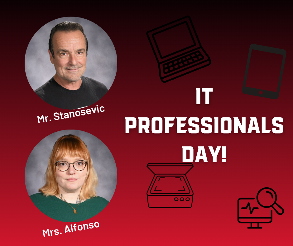 Two photos of Mr. Stanosevic and Mrs. Alfonso surrounded by IT icons. Text reads "IT PROFESSIONALS DAY!"