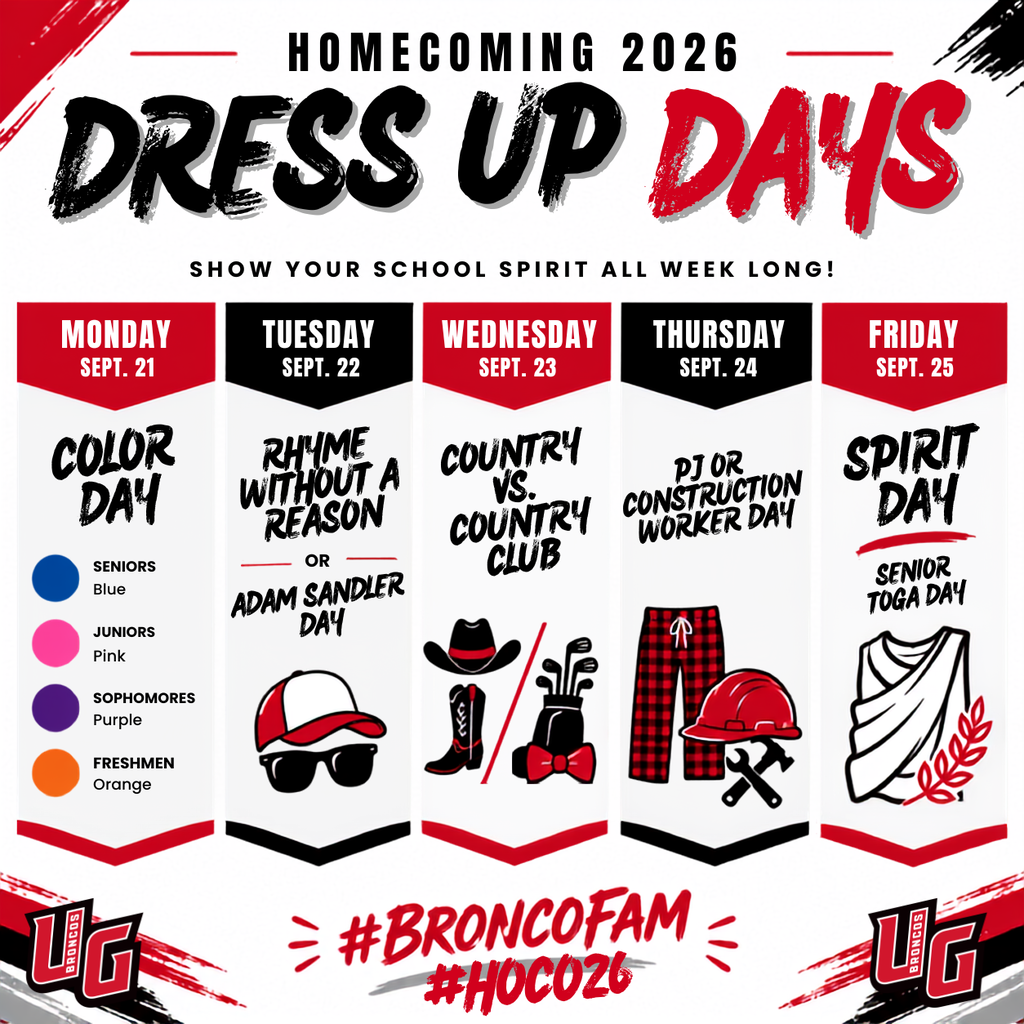 Poster with text "HOMECOMING 2026" at top. Five dress-up day themes in a row: Color Day, Rhyme, Country, PJ or Construction Worker, and Spirit Day.