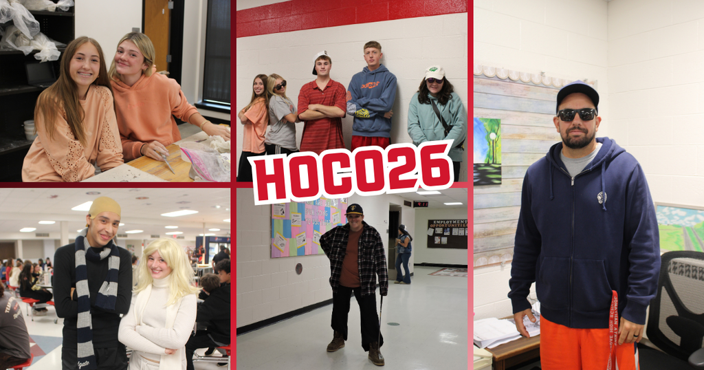 Collage of images with text "HOCO26" in red. Multiple people in various indoor locations. Some wear hats, glasses, and jackets.