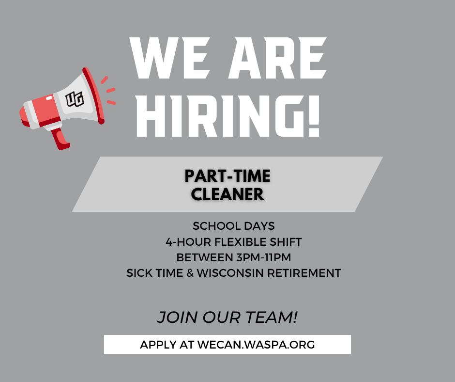 A gray background displays a hiring ad for part-time cleaner. The ad features a megaphone and text.