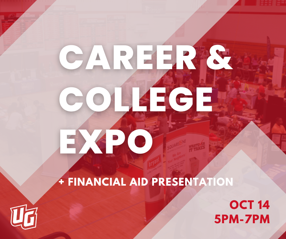 Expo event ad featuring white text on red and white background. It reads "Career & College Expo" with a date and time.