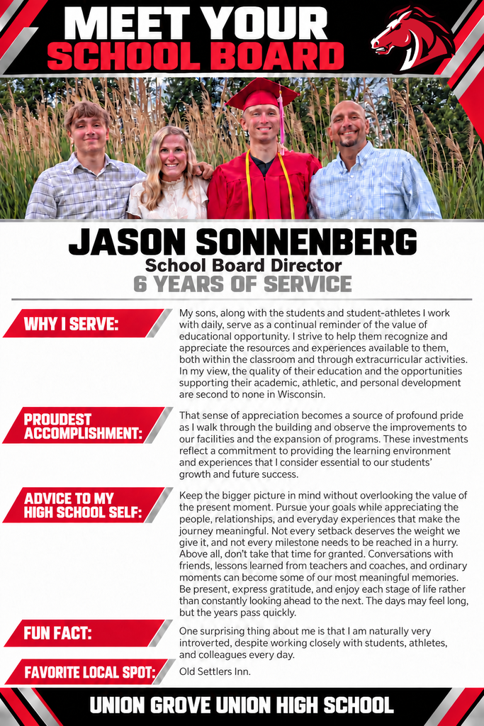 A colorful page displays a School Board member, Jason Sonnerberg, and his biography. It highlights his reasons for service, proudest accomplishments, and advice for high school students.
