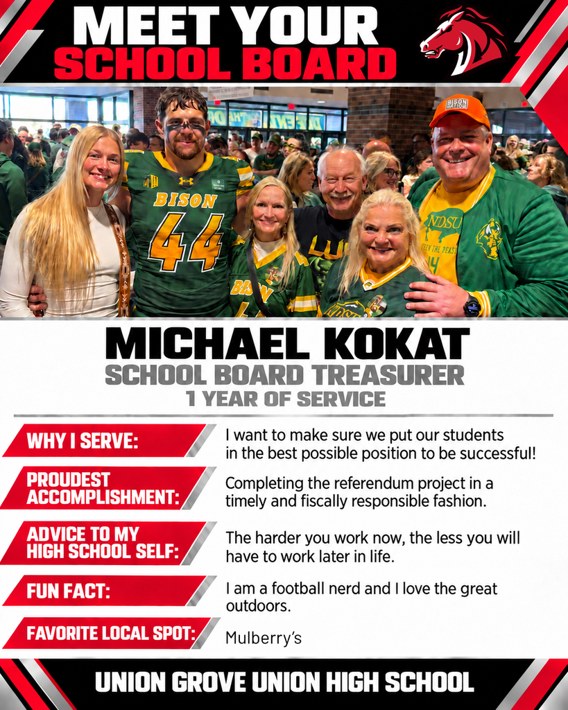 An ad shows a man with a school board team, including a woman with blonde hair, a man with a hat, and a mascot.