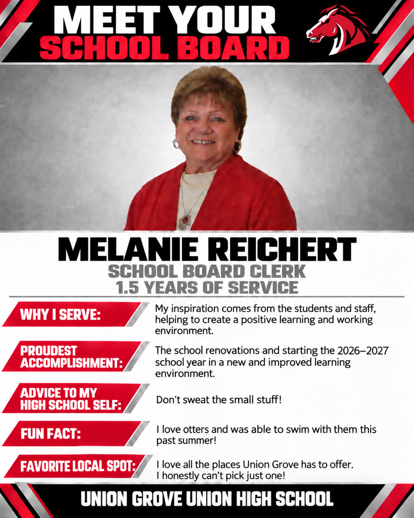 An informational poster features Melanie Reichert, a school board clerk. It includes her role, years of service, inspiration, and a fun fact about her.