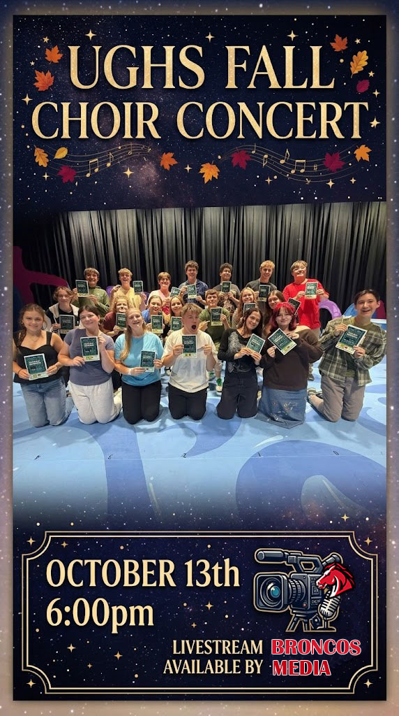 A group of people, likely a choir, pose for a photo in front of a stage backdrop. They hold books. The event is titled "UGHs Fall Choir Concert" and scheduled for October 13th at 6:00pm.