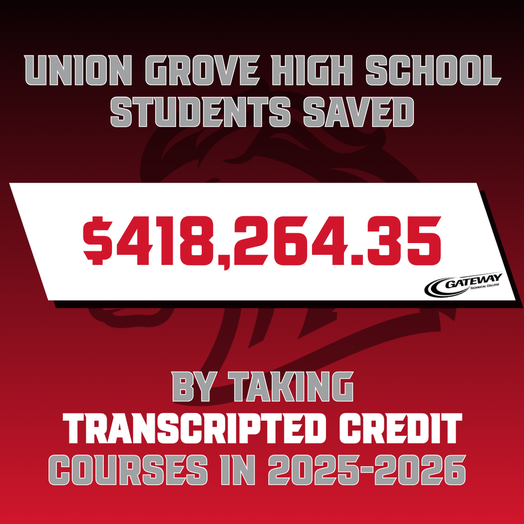 An announcement on a red background states Union Grove High School students saved $418,264.35 by taking transcribed credit courses.