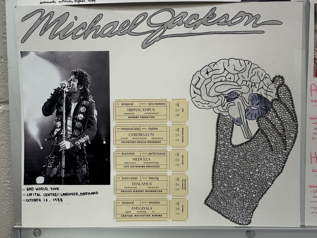 A display with "Michael Jackson" at the top. It includes a photo of Jackson performing on stage and an illustration of a hand holding a brain.