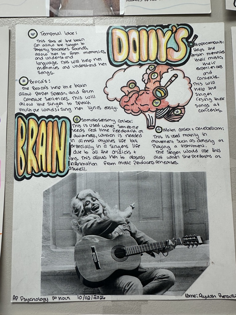 A handwritten diagram with "DOLLY'S BRAIN" at the top. It includes a brain drawing, notes, and a black-and-white photo of Dolly Parton playing guitar.