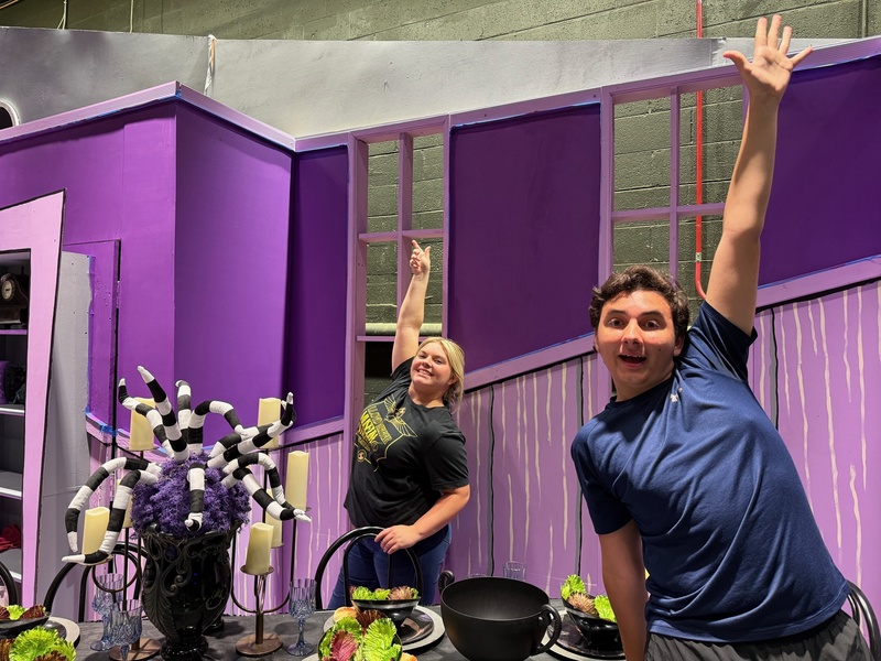 Rehearsal Photo: Addison Lees (Delia) and Logan Maki (Charles Deetz)