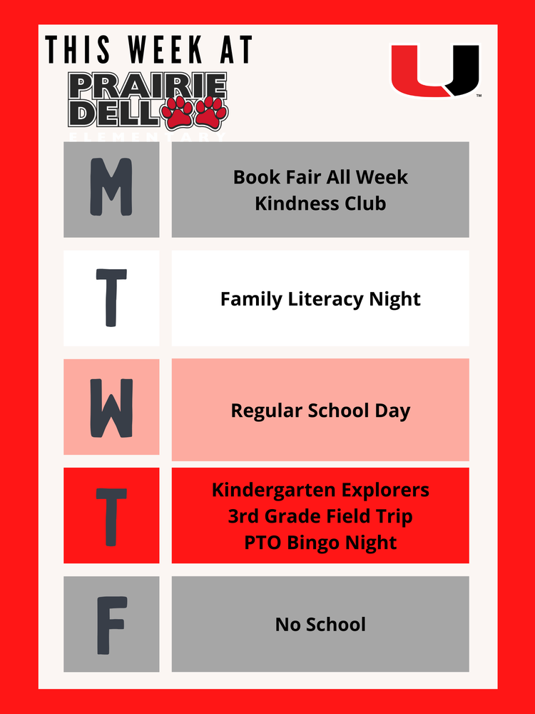 This week at PDE is really busy. This whole week is the book fair. Tuesday evening is our Family Literacy Nigh, with games, prizes, and special guest story tellers. Thursday is the 3rd grade filed trip to the aquarium and Thursday evening is the PTO Bingo Night. Friday is no school for teacher development.