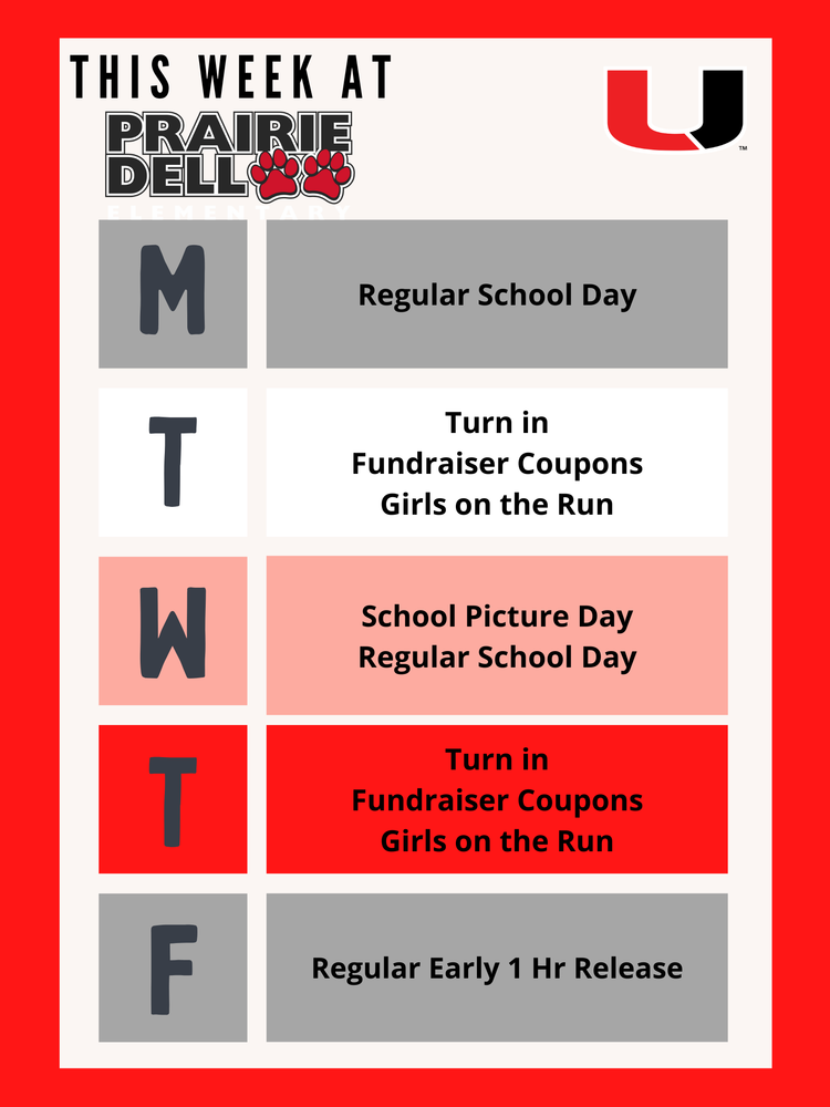 This week at PDE: Tuesday and Thursday are your next chance to turn in fundraiser coupons for chickens and prizes. Tuesday and Thursday afternoon is Girls on the Run (GOTR) practice and Friday is regular one hour early release.