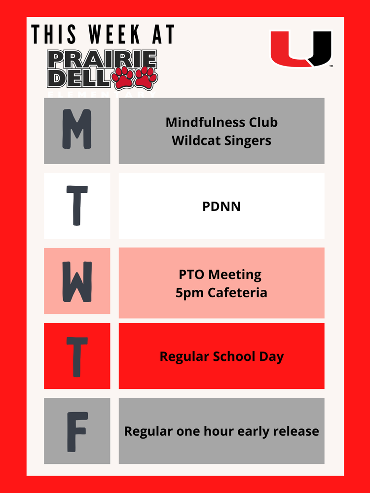 Welcome back from spring break. This week we have mindfulness club and wildcat singers after school on Monday. Wednesday is the PTO meeting after school at 5pm in the cafeteria. Have a great week back from break.