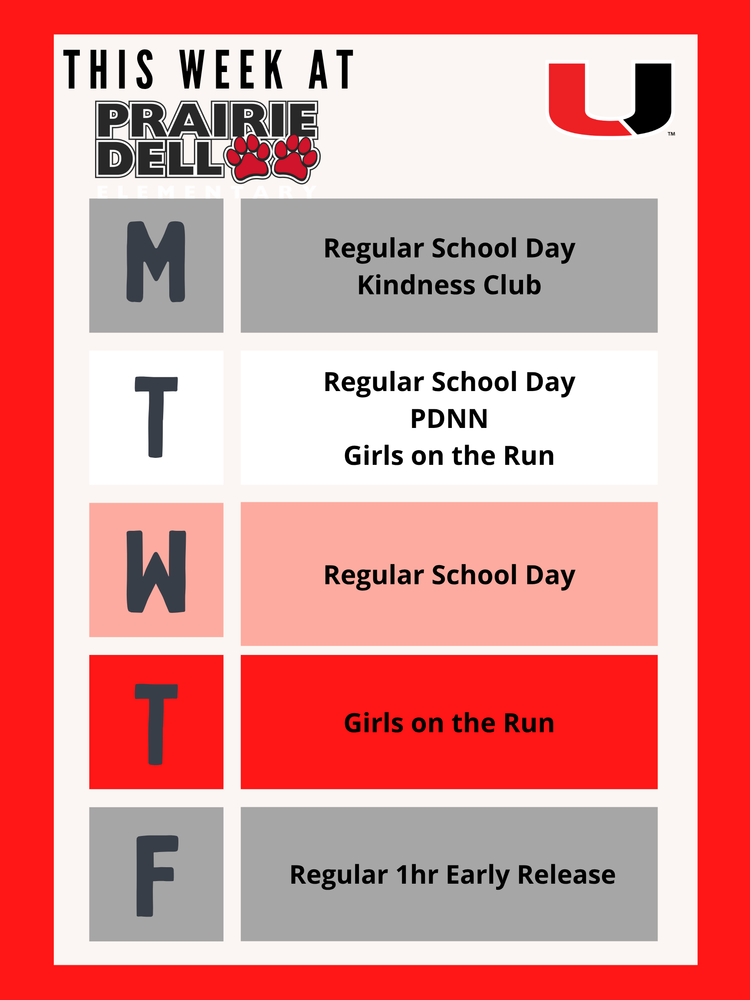 This week at PDE we have kindness club after school on Monday and GOTR practice on Tuesday and Thursday after school.