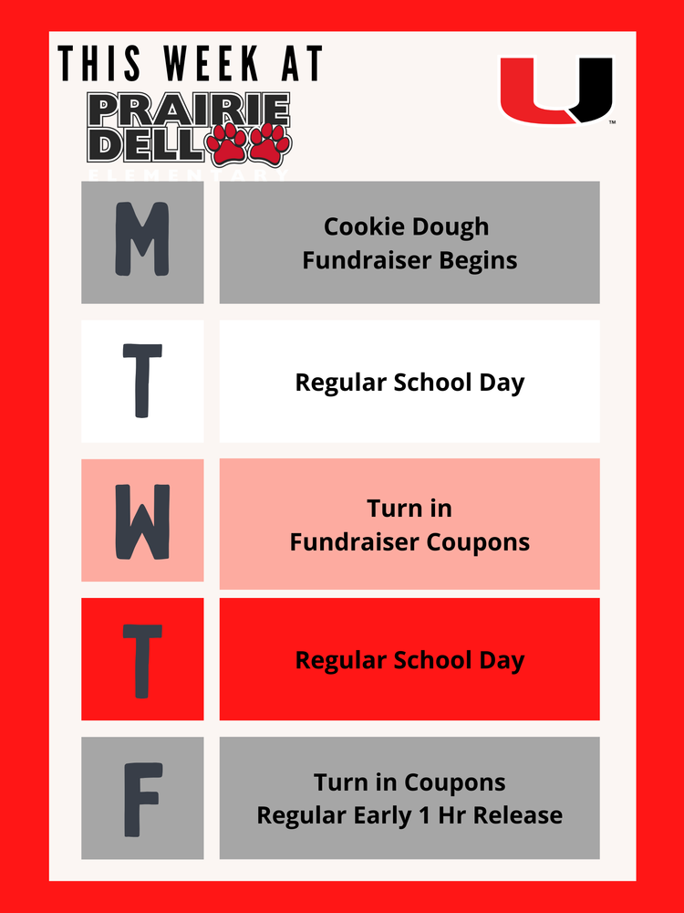 This week at PDE we have our PTO cookie dough fundraiser beginning Monday. Wednesday is the first day to turn in fundraiser coupons for COOP key chains. Friday is our next day to turn in fundraiser coupons for COOP key chain.