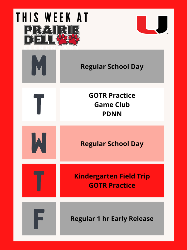 This week at PDE we have PDNN filming, GOTR practice and game club on Tuesday afterschool. GOTR practice and little explorers after school.
