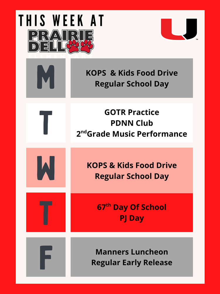 This week at PDE. We have the Kops and kids food drive all week. Tuesday is busy after school with GOTR final practice, PDNN news group and the 2nd grade music performance at 6pm in the gym. Thursday is the 67th day of school celebrate wearing your pjs. Friday is the manners Thanksgiving luncheon and our regular 1 hour early release.