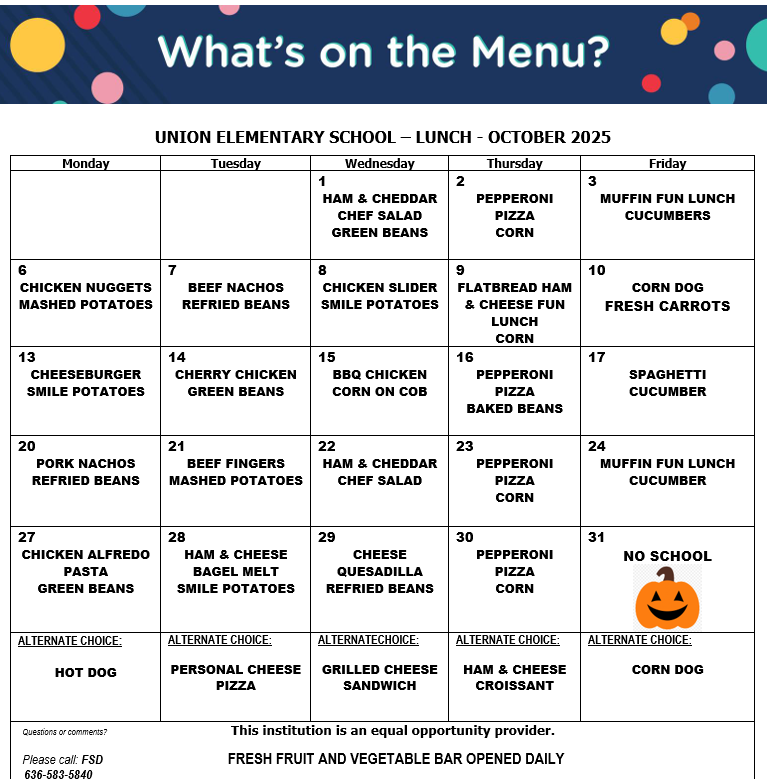 Here are the menus for October.