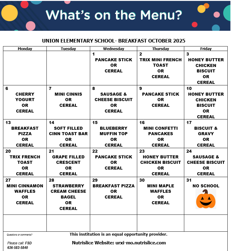 Here are the menus for October.
