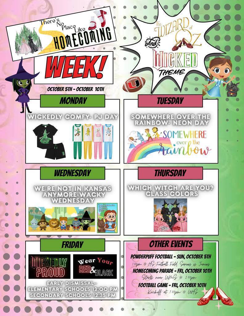 👠🌪️ There's no place like Homecoming! 🌪️👠 Get ready to follow the yellow brick road to an amazing Homecoming Week from October 5th-10th! Our theme is a magical mix of The Wizard of Oz and Wicked! ✨ Here are our Oz-tastic spirit days: 💚Monday: Wickedly Comfy PJ Day! 🌈 Tuesday: Somewhere Over the Rainbow Neon Day! 🤪 Wednesday: We're Not in Kansas Anymore Wacky Day! 🧙♀️ Thursday: Which Witch Are You? Class Colors Day! 💗💚 Friday: Wickedly Proud Red & Black Day!🏈🐾♥️ Don't forget the big events like the Powderpuff Game on Sunday, and the Parade & Football Game on Friday! Let's show our wicked school spirit! #Homecoming2025 #TheresNoPlaceLikeHomecoming #SchoolSpirit #GoWildcats