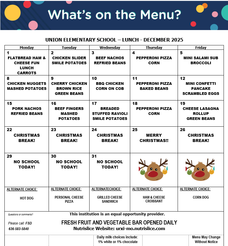 Here are the menus for December.