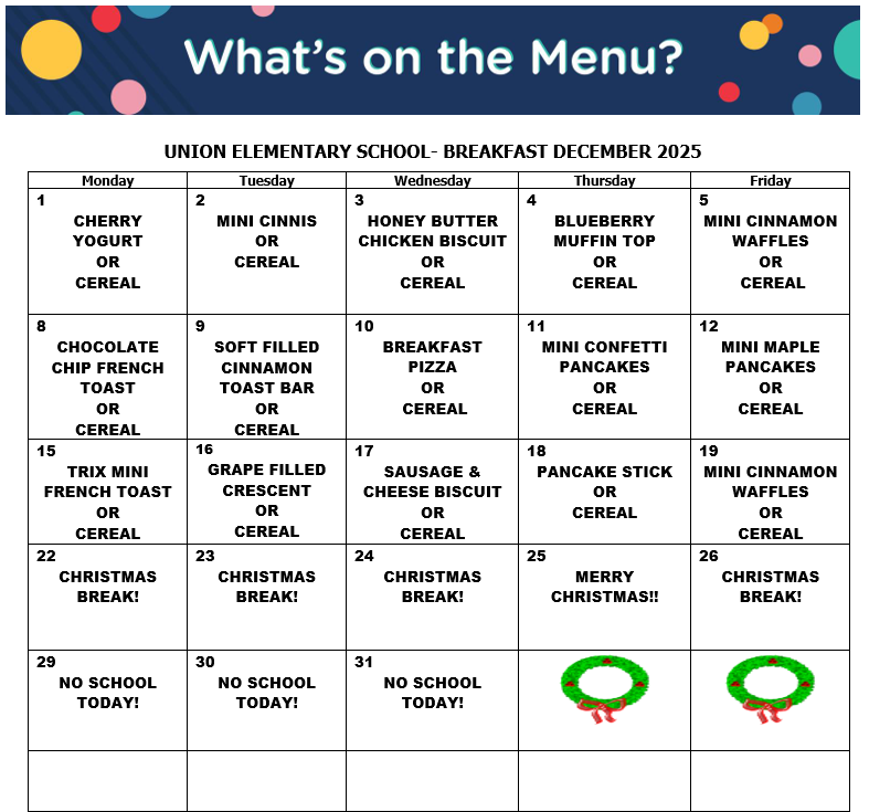 Here are the menus for December.