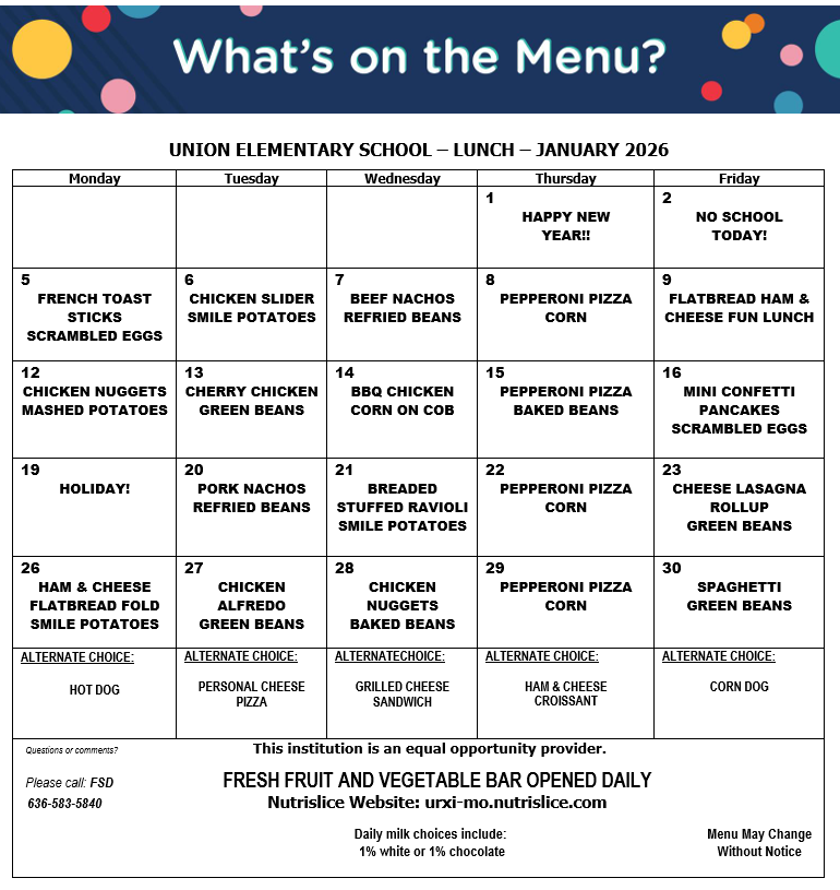 Here are the menus for January.