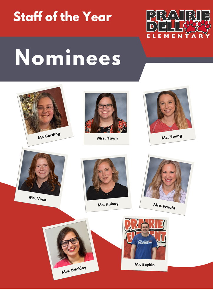 We would like to announce the PDE staff of the year nominees. Mrs. Pracht - office, Ms. Voss - para, Ms. Hulsey - para, Ms. Young - para, Ms. Gerding - para, Mrs. Brinkley - para, Mr. Boykin - custodial and the winner Mrs. Yawn. We appreciate each and every one of them.