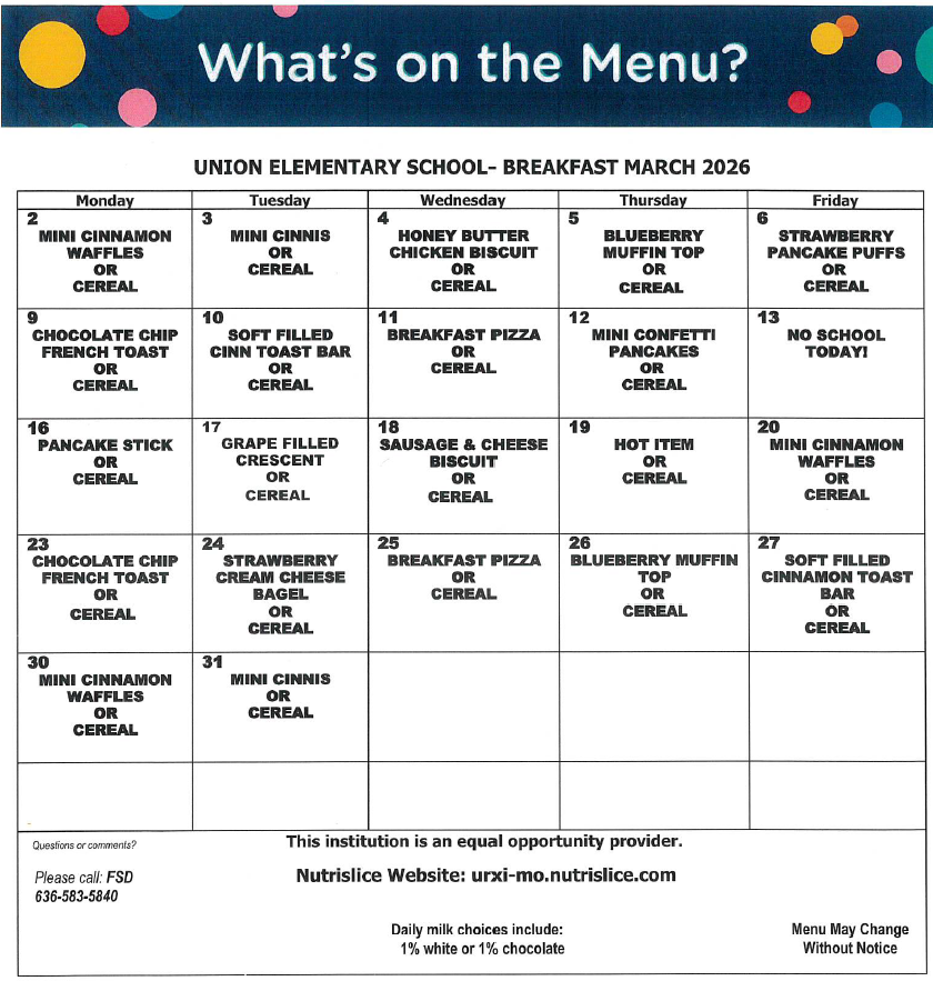 Here are the Menus for March.