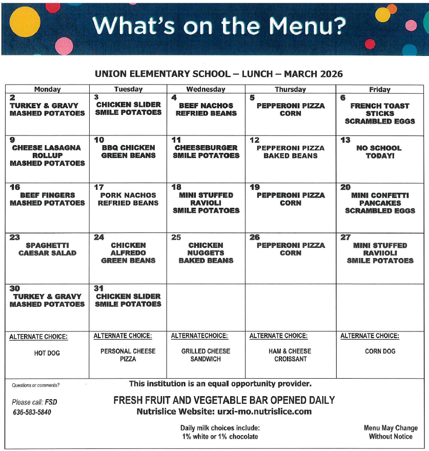 Here are the Menus for March.