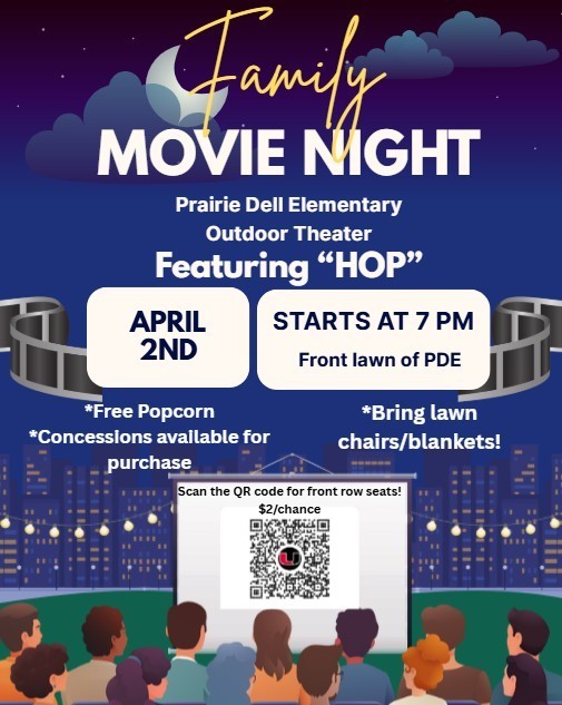 Join us for Family Movie Night at PDE. April 2nd, at 7pm on the front lawn of PDE. Free popcorn with other concessions available for purchase.