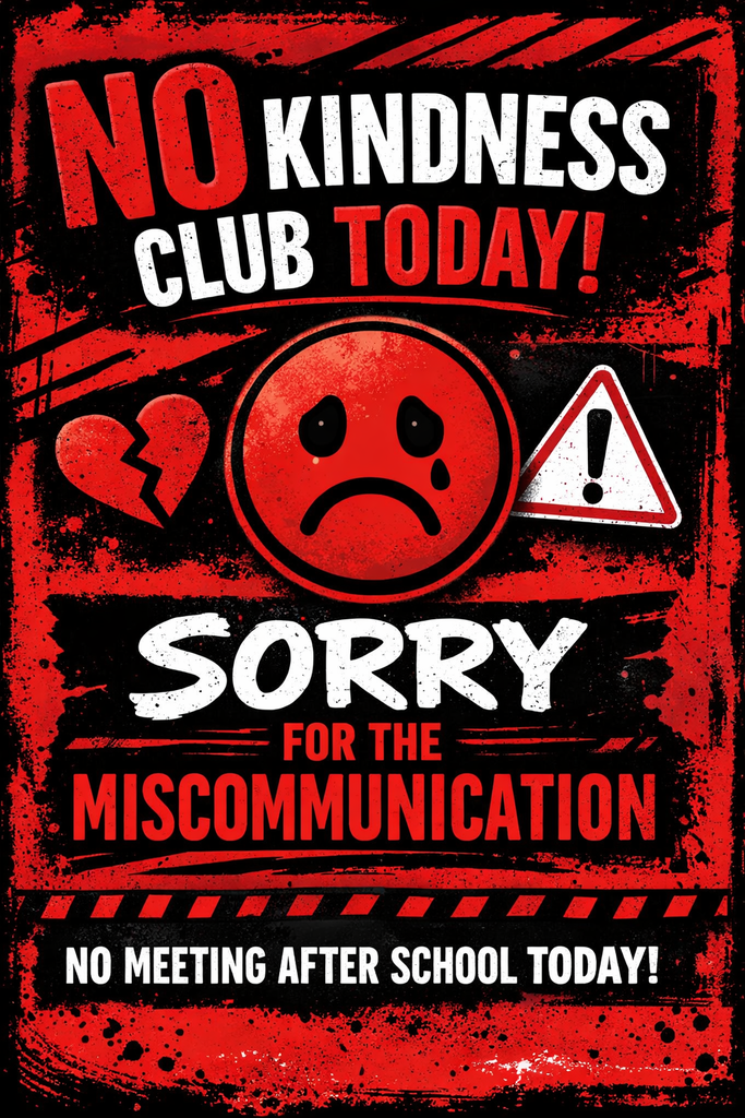 We  apologize for the miscommunication. There is no kindness club after school today.