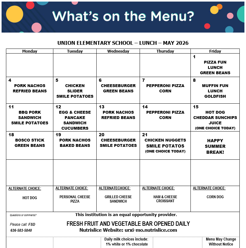 Here are the menus for May.