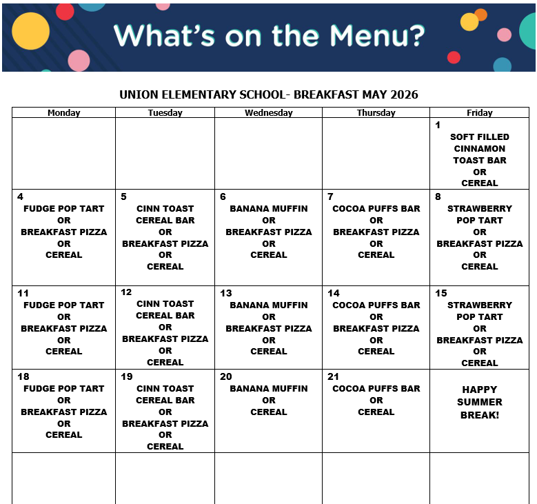 Here are the menus for May.