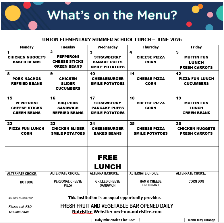 Here is the lunch menu for summer school.