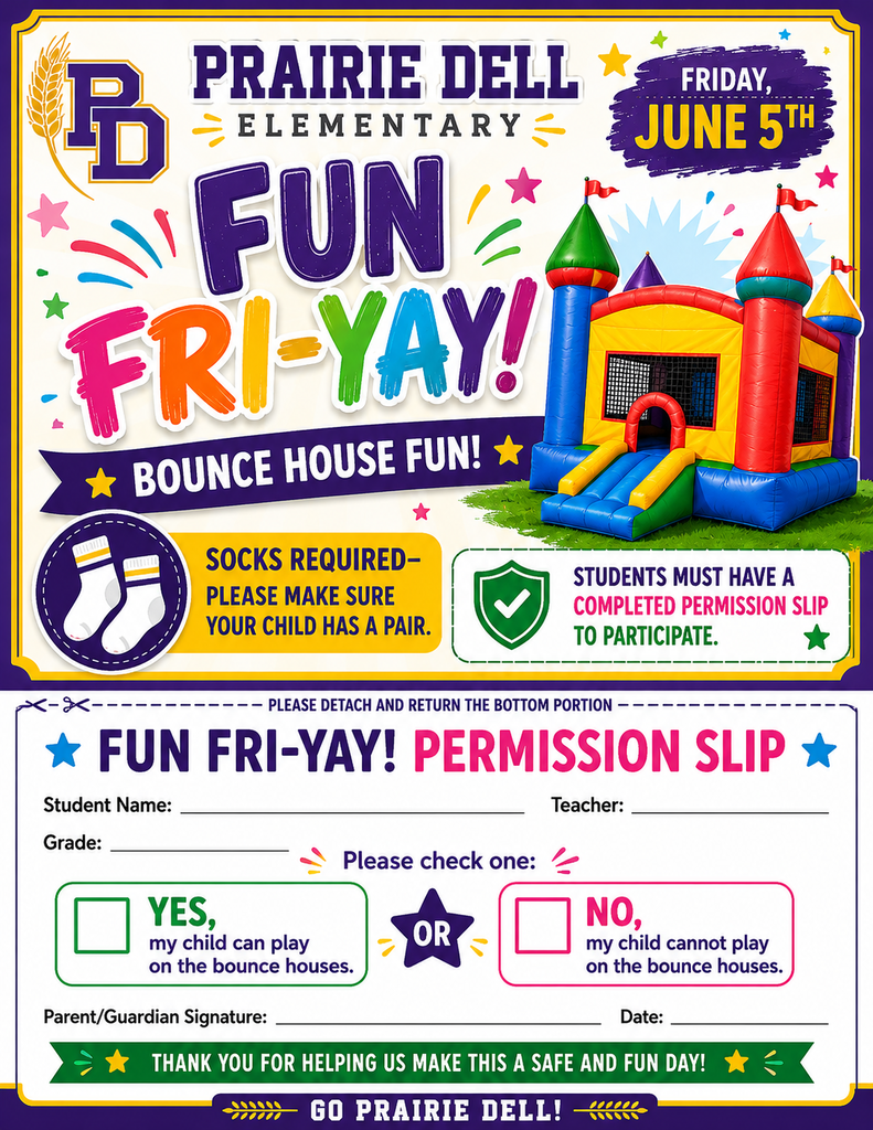 We have our first Friday fun day with bounce houses in the gym.  All students need to have a signed permission slip that is coming home today and a pair of sock on Friday to participate.