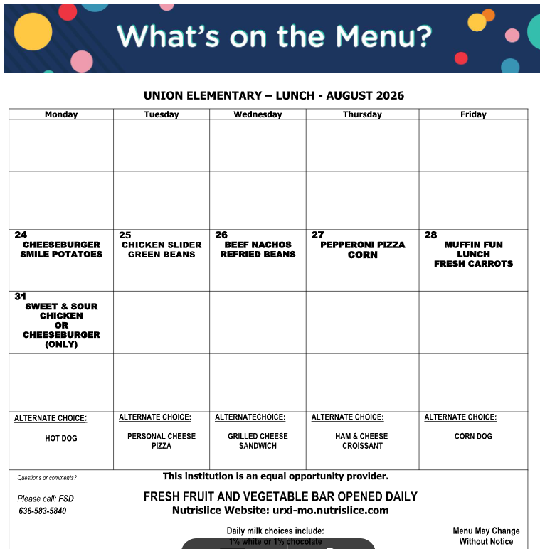 Here are the August menus.