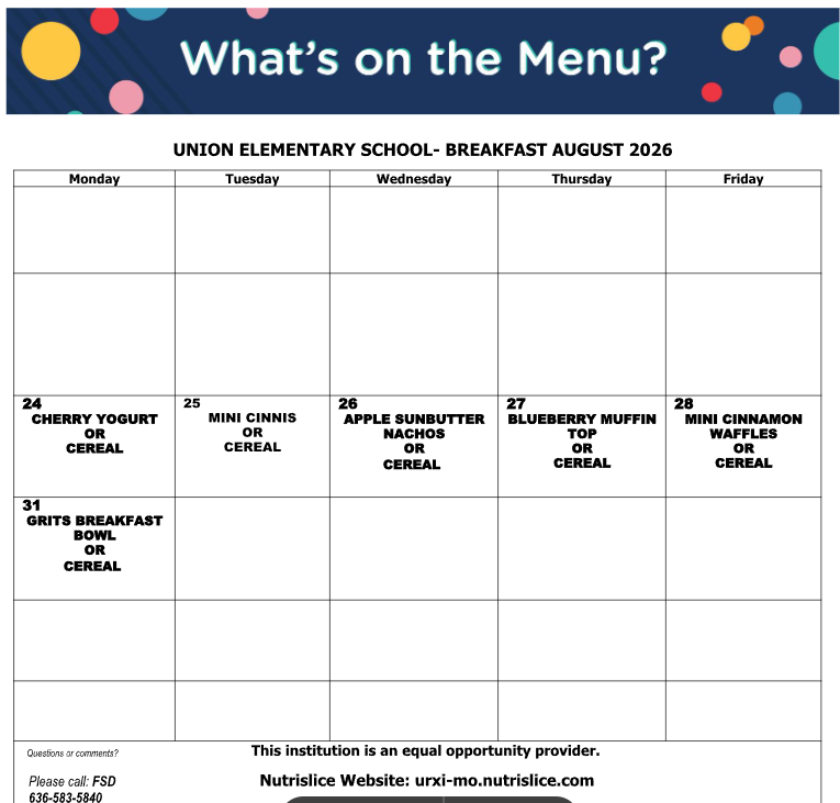 Here are the August menus.