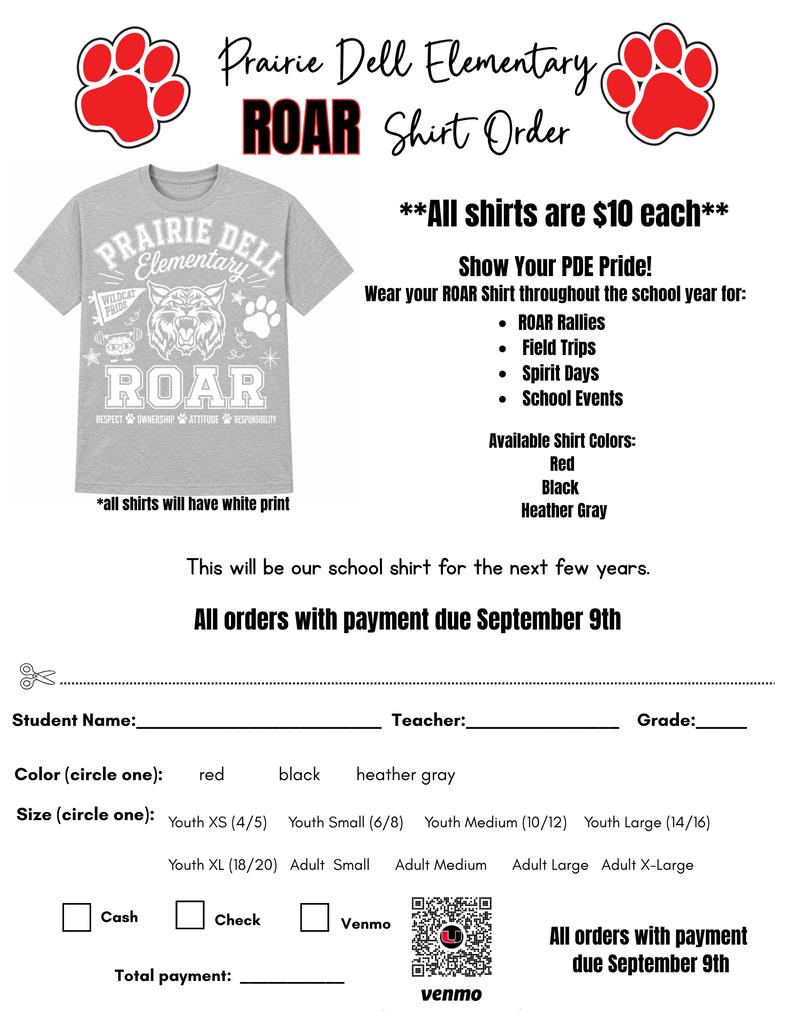 Do you want to order a t-shirt and forgot the order form? Here is a copy and a QR Code for ordering. Please turn in the paper copy to the office even if you pay online.