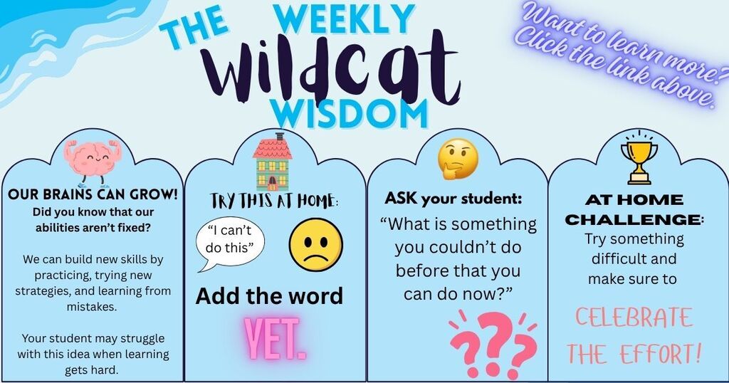 Prairie Dell Elementary is excited to introduce a new weekly resource for our families, The Weekly Wildcat Wisdom!  Each week, families will receive a quick, practical Social-Emotional Learning (SEL) tip that connects to skills our students are learning at school.  Our first topic is Growth Mindset — “Our Brains Can Grow!”   The goal is to give families an easy way to continue these conversations at home. Each week’s post might include: - A simple activity to try at home - A question you can ask your student - An at-home challenge  Take a few minutes this week to talk with your student about something they couldn’t do before that they can do now!  Small conversations can make a BIG difference.   Check out this quick video that helps explain Growth Mindset https://www.youtube.com/watch?v=xTbV6OvNiX8  Be sure to check back each week for some new Wildcat Wisdom!