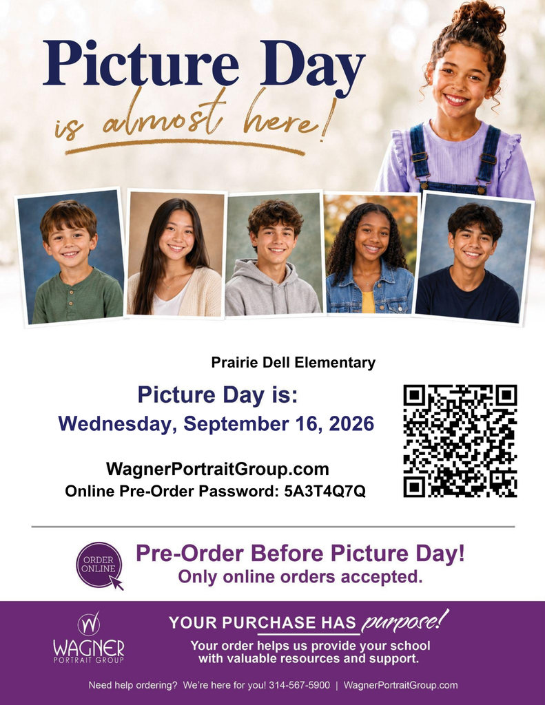 School pictures are September 16th. You can pre order using the link below.  School: Prairie Dell Elementary Date: Wednesday, September 16, 2026 Pre-Order Online: www.WagnerPortraitGroup.com Pre-Order Password: 5A3T4Q7Q Direct link to embed: https://wagner.portraitpics.co/api/v2/keys/lookup/wagner?key=5A3T4Q7Q