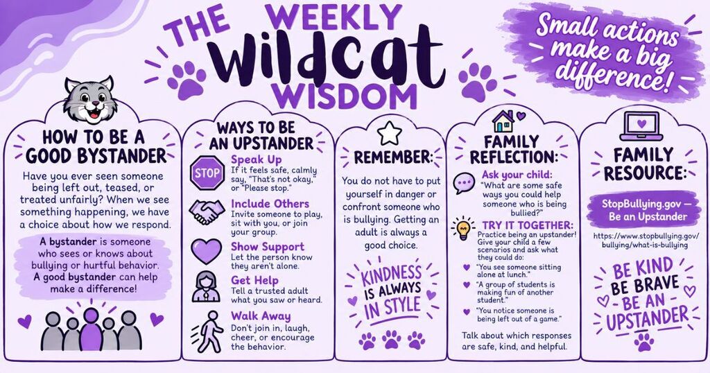 The Weekly Wildcat Wisdom  How to Be a Good Bystander!   Talk with your student about safe ways to help someone if they need help.   Encourage your student to practice being an UPSTANDER!   Watch with your child - https://www.youtube.com/watch?v=vzpnitSjZA4